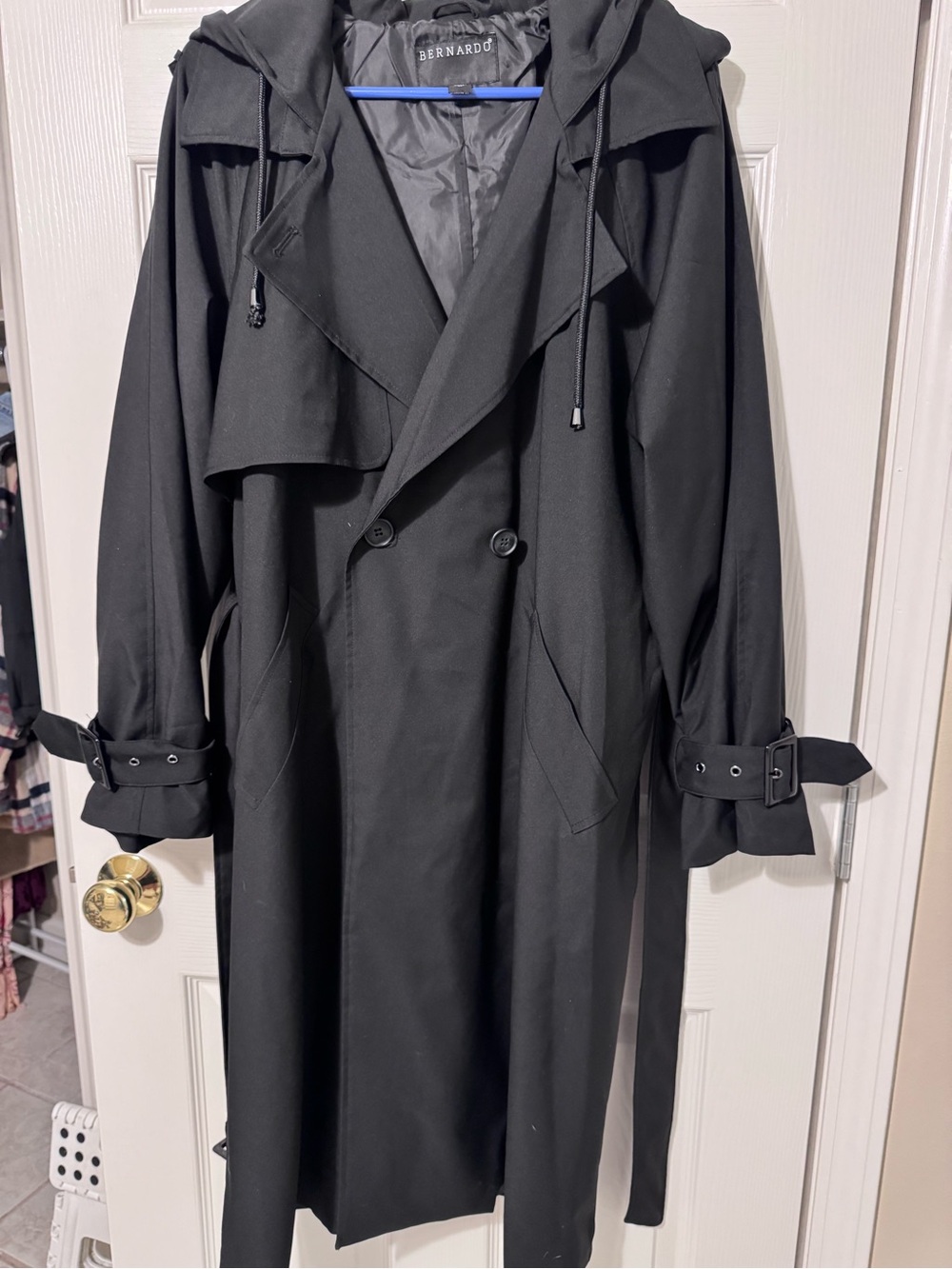 Bernardo women's Black Hooded Trench Coat with buckle cuffs and belt